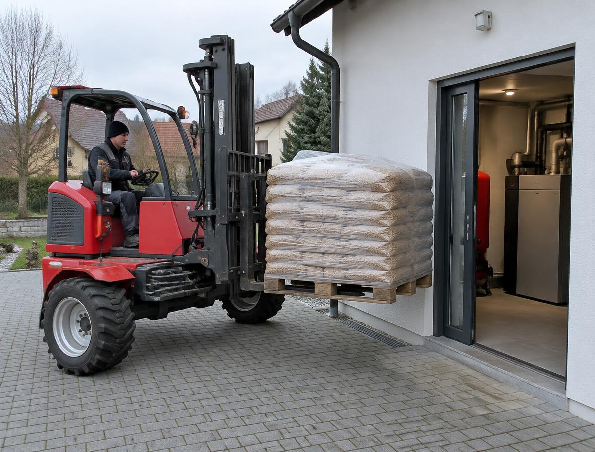Terénní manipulátor skládá paletu pytlů s peletami ke kotelně rodinného domu